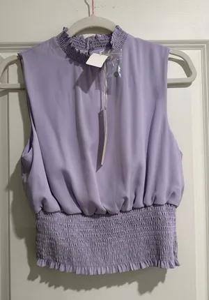 NWT She + Sky Lilac Smocked-Hem Sleeveless Crop Top thumbnail 1