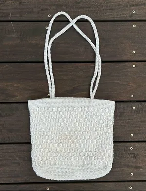 Vintage White Crochet Boho Bag Shoulder Bag Purse Woven Tote Bag thumbnail 3