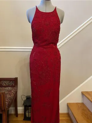 Vintage Blushe Impressions Red Beaded Maxi Gown Open Back Crossover Dress Size 6 thumbnail 3