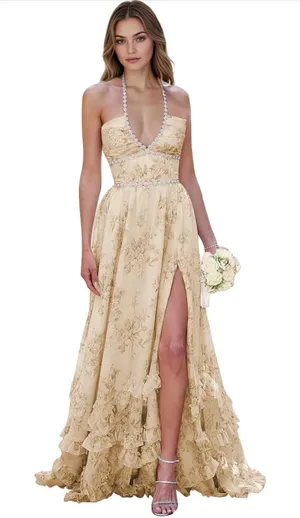 Floral champagne formal dress thumbnail 2
