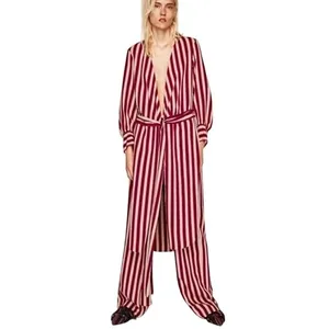 Zara Woman Burgundy Cream Striped Longline Wrap‎ Tunic Top XS thumbnail 4