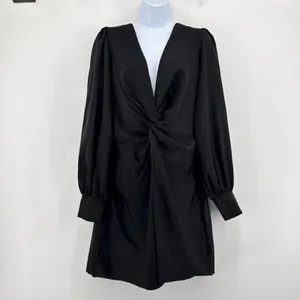 Showpo Billie Twist Front Mini Dress 8‎ Black Long Puff Sleeve Plunge Deep V NWT thumbnail 3