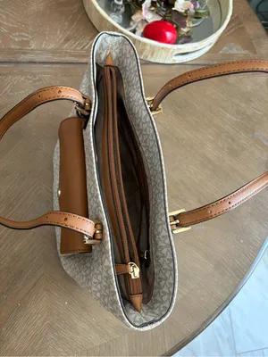 Michael Kors Cream Signature Tote with Brown Trim and Front Pocket thumbnail 4