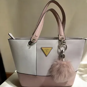 Guess Blush & Cream Colorblock Tote Bag Gold Logo Charm Pom Pom Large thumbnail 4