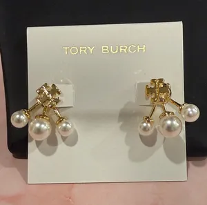 Tory Burch | Gold Plated Logo Earrings with Pearl Drop 3D Backs | Small thumbnail 1