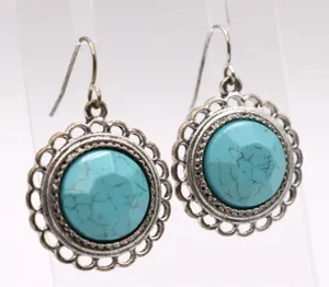 Silver Faux Turquoise Dangle Earrings Ornate Framing Southwest Boho Silver Tone thumbnail 1