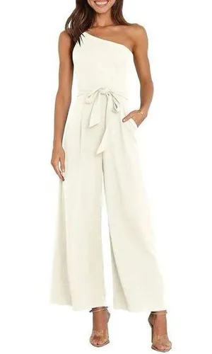 NEW Dressy 1 Shoulder Wide Leg Jumpsuit Romper Pockets L NO BELT thumbnail 1