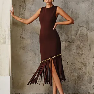 Commense Asymmetric Fringe Metal Bead Detail Maxi Dress size medium thumbnail 2