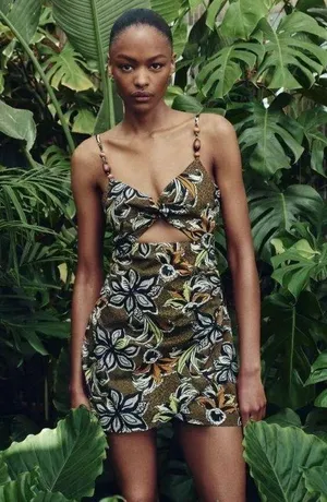 Zara Printed Mini Dress With Cut-Out Detail Tropical Brown Yellow S Small 8 4 36 thumbnail 1