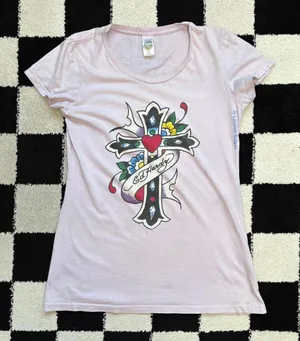 Y2K Ed Hardy Light Purple Cross Graphic Tee M thumbnail 1