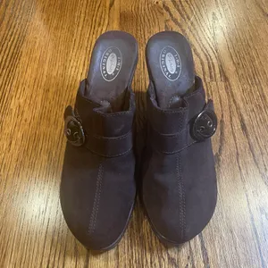 Dr. Scholl's PRIMID Brown Suede Leather Wedge Clog Mules Shoes Size 9M thumbnail 6