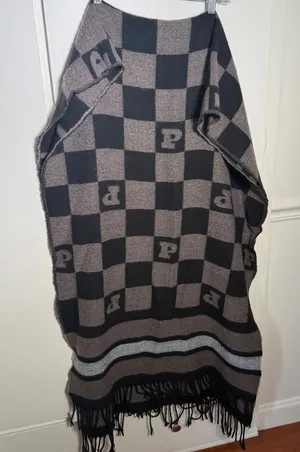 PINK by Victorias Secret Checker Knit Wrap/Scarf in Brown and Black Fringe thumbnail 1
