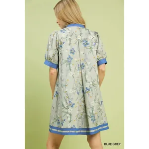Umgee Floral Puff Sleeve Dress with Contrast Trim‎ - Blue Grey - Small thumbnail 2
