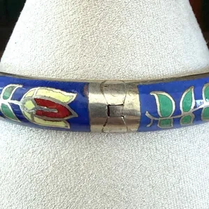 Vintage Thailand Cloisonné Floral Bangle Bracelet Blue Enamel Hinged thumbnail 4