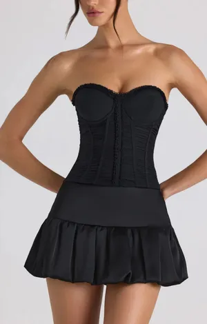 BNWT Oh Polly Black Melvina Ruched Lace-Up Strapless Corset Top & Matiya Bubble Hem Mini Skirt Set thumbnail 1