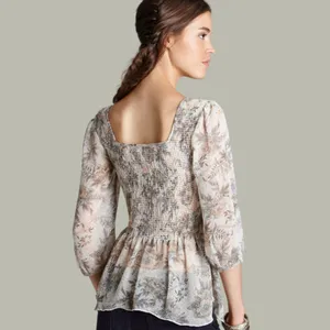 Free People XS Smocked Floral Sheer Peasant Ever After Top Boho Romantic Cottage thumbnail 2