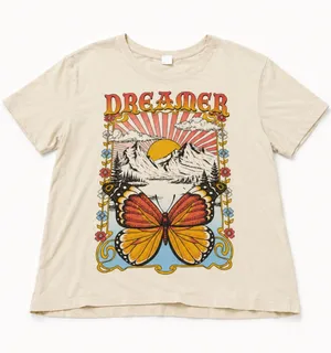 La Luna Dreamer Butterfly Graphic Tee Cream XL Boho 70s Retro Cottagecore thumbnail 1