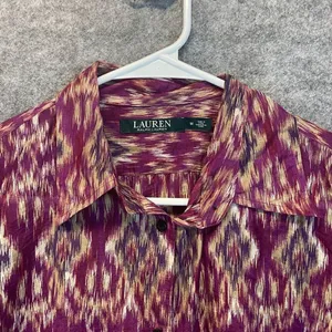 LAUREN RALPH‎ LAUREN Silk Blend Blouse Ikat Print Button Front Purple Medium Top thumbnail 3