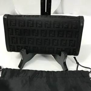 Fendi Zucchino Vintage Black Logo Flap Wallet Clutch with Silver Buckle EUC thumbnail 2