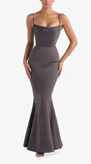 HOUSE OF CB Violette Satin Mermaid Gown in Dark Grey Size X-Small thumbnail 14