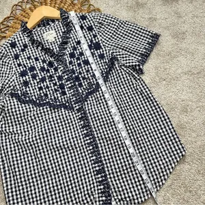 J.Crew Embroidered Indigo Crinkled Gingham Short Sleeve Navy White Top Cotton XS thumbnail 14