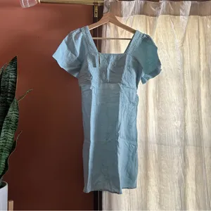 Madewell‎ Square-Neck Mini Dress 100% Linen Euro Summer Coastal Blue NWT Sz 00 thumbnail 3