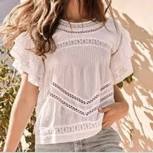 Saylor Blouse Womens Small White Lace Trimmed Ruffle Sleeve Boho Summer Top thumbnail 3