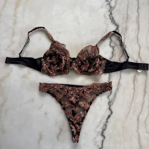 90s Vintage Wacoal Onvieve Set Floral Copper Metallic Mesh 34B Bra Thong Small thumbnail 4