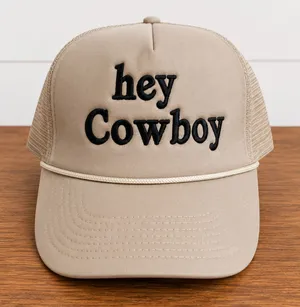 Hey Cowboy Trucker Hat Beige Embroidered Western Cowgirl Mesh Snapback thumbnail 1