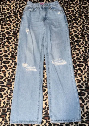 edikted light wash high-waisted wide leg distressed jeans thumbnail 1