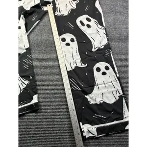 Black Ghost Print Pajama Set Women Large Long Sleeve Button Down Halloween PJs thumbnail 7