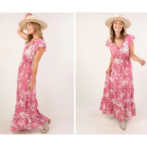 Sunday‎ Up Tiered Maxi Dress Sz M Pink Floral Boho Cottage Resortwear Vacation thumbnail 2