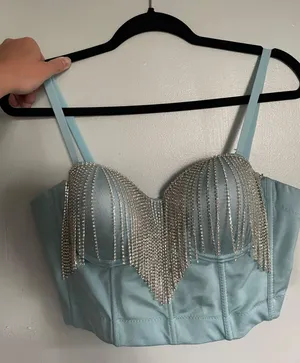 Rhinestone Aqua Corset Top Blue Size L thumbnail 1