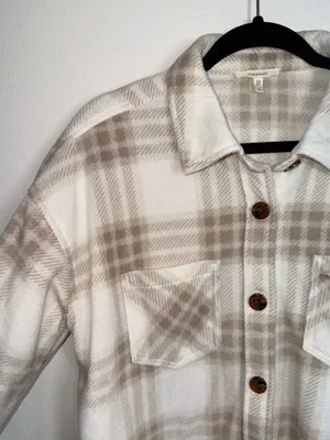 Maurices Wilder Fleece Shacket White & Cream Plaid Oversized thumbnail 4
