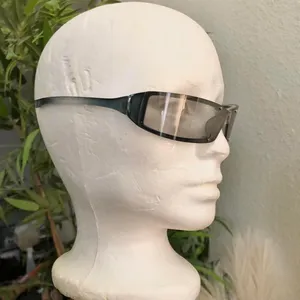 Unisex Retro Futuristic Rectangular Wraparound Rimless Sunglasses Silver Grey Clear Vintage 90 w/ screw metal screws accents sporty streetwear #goth #grunge thumbnail 3