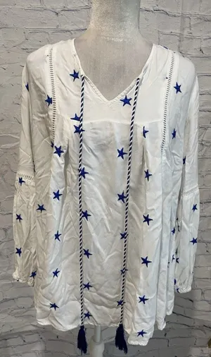Kaktus Nautical Embroidered Stars Peasant Top Size M Tassels White Blue Festive thumbnail 1