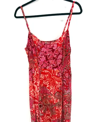 Free People Forever‎ Yours Smocked Slip Maxi Ruffle Dress Large Red Floral Boho thumbnail 4