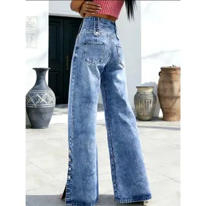 Casual High Waist Wide Leg Denim Jeans Button Down Calf Light Blue 10 thumbnail 2