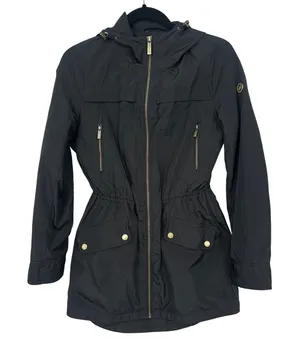 Michael Kors Anorak Raincoat Jacket Women XS Black Hooded Gold Hardware Utility thumbnail 1