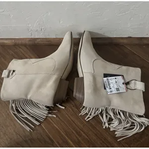 y2k style NWT ZARA Cowboy Ankle‎ Boots with Fringe 6.5 100% Leather Boho Sweet thumbnail 3
