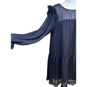 Sheer Navy Blue Dotted Tier Ruffle Dress Long‎ Sleeves Size L Romantic Whimsy thumbnail 5