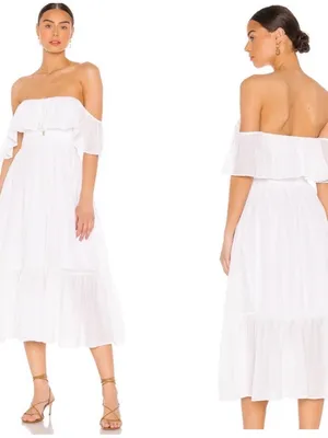 MAJORELLE White Selvaggia Midi Dress Tiered Ruffle Off The Shoulder Size Medium thumbnail 12