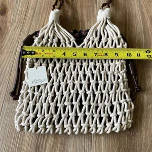 Free People Ivory Macrame Crochet Bucket Bag Boho Drawstring Tote NWT thumbnail 6
