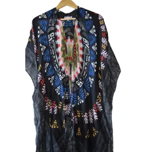 Woven Heart Kaftan Women Large Black Excellent Mandala Print Tassel Hem Festival thumbnail 3