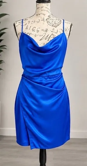 Zara Royal Blue Satin Cowl-Neck Mini Dress - Size Small 💙 thumbnail 1