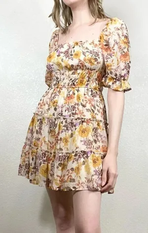 Trixxi White & Orange Floral Puff Sleeve Tiered Mini Dress thumbnail 1