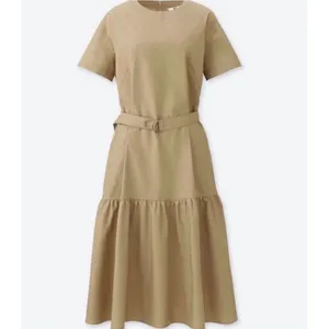 Uniqlo Womens Khaki Tan Tiered Belted Short Sleeve Midi Dress Cotton Blend‎ L thumbnail 2