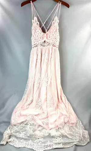 Main Strip M Balletcore Romance Blush Pink Lace Maxi Dress with Strappy Back thumbnail 1