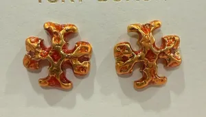 Tory Burch | Orange & Gold Logo Stud Earrings | Small thumbnail 1