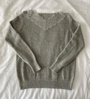 SheIn Grey Ribbed Sweater With Lace Neckline Detail thumbnail 1